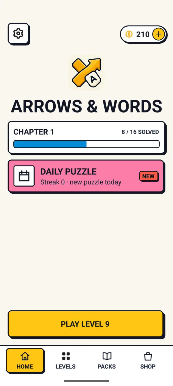Arrows and Words home screen with chapter progress and the daily puzzle card