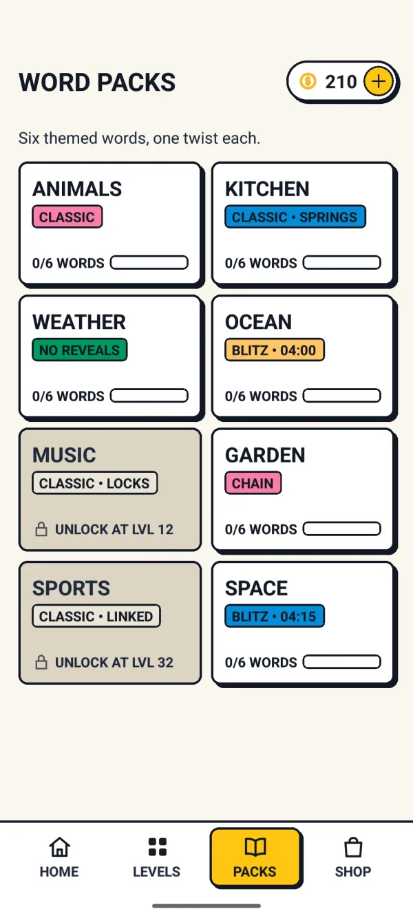 Themed word packs including Animals, Kitchen, Ocean and Space